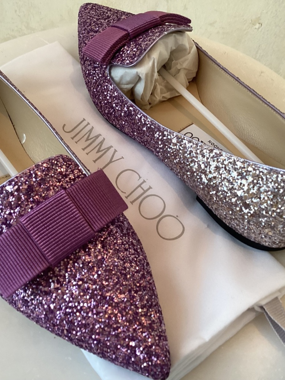 JIMMY CHOO PINK VIOLET SHOE - CHAMPAGNE PINK VIOLET GLITTER FLAT - SIZE 7 / EU - Picture 6 of 9